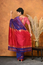 Thumbnail for Very Much Indian Handloom Pure Cotton Silk Saree With Sleek Golden Border - Indigo Blue - Distacart