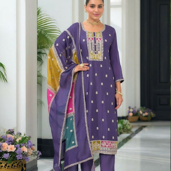 Teeya Creation Lavender Color Chinon Silk Embroidery Work Wedding Wear Designer Salwar Suit - Distacart