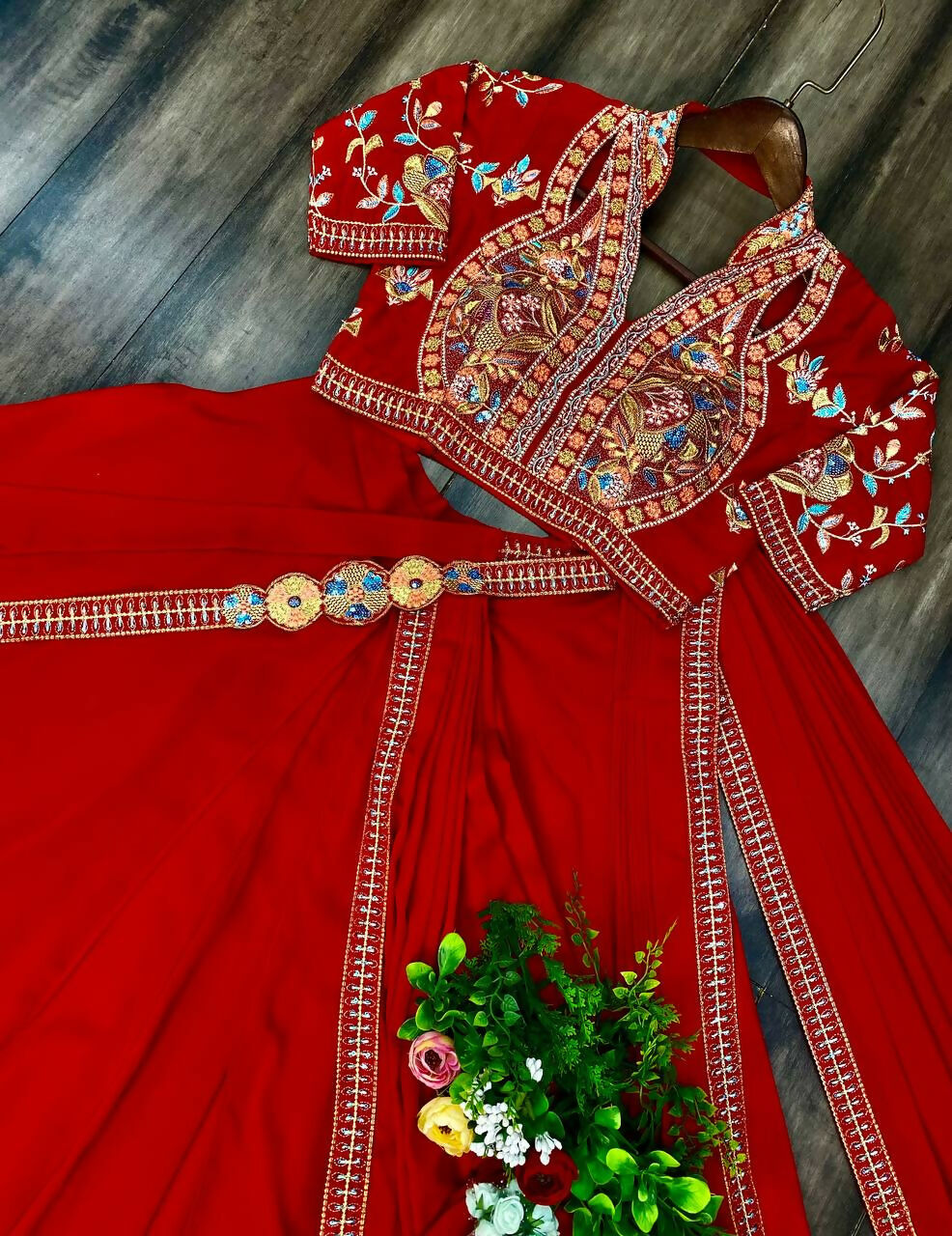 Preksha Creation Indian Stylist Exclusive Fancy Party Wear Fiyona Silk Lehenga Saree With Heavy Work Blouse And Belt - Red - Distacart