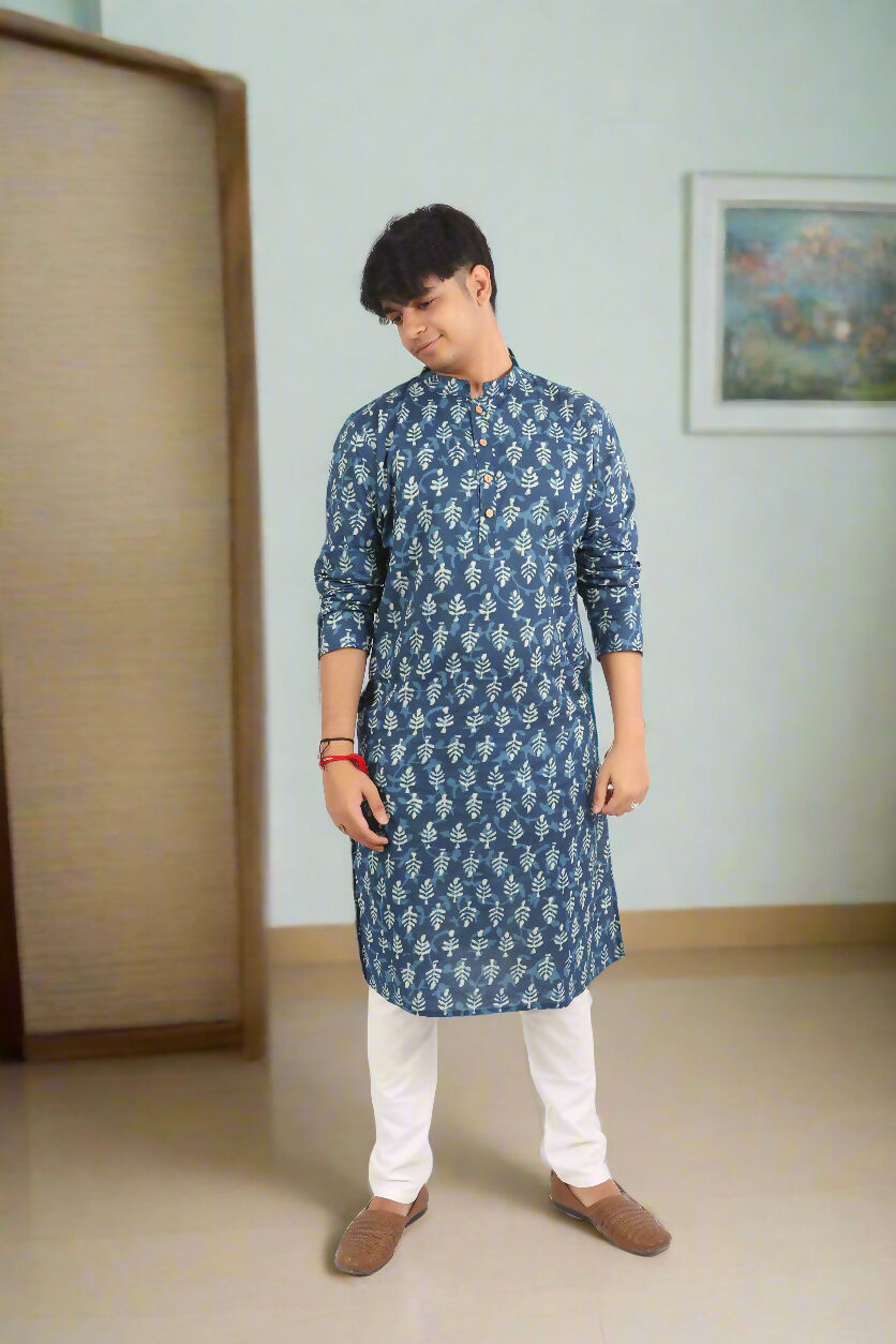 Souchii Men's Ethnic Printed Pure Cotton Kurta – Indigo Leaf Motif