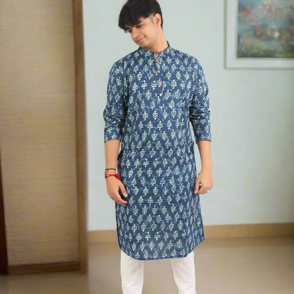Souchii Men's Ethnic Printed Pure Cotton Kurta – Indigo Leaf Motif