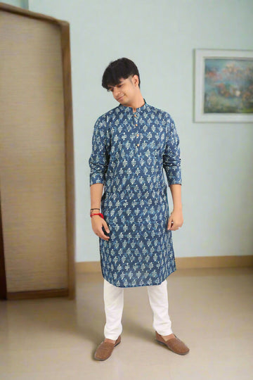 Souchii Men's Ethnic Printed Pure Cotton Kurta – Indigo Leaf Motif - Distacart