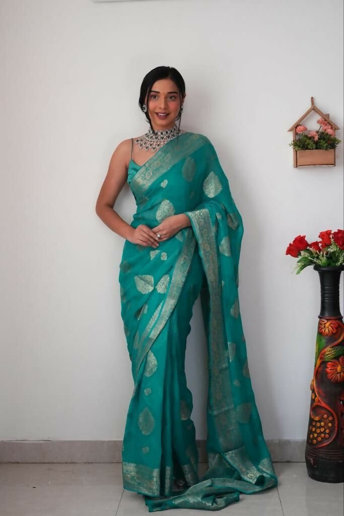 Malishka Cotton Silk Jacquard Ready To Wear Saree With Blouse Piece - Rama - Distacart