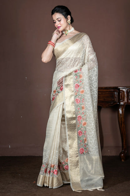 Morchari Beige Banarasi Tissue Computer Embroidery Saree Unstitched Blouse - Distacart