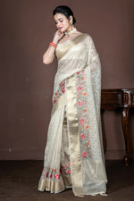 Thumbnail for Morchari Beige Banarasi Tissue Computer Embroidery Saree Unstitched Blouse