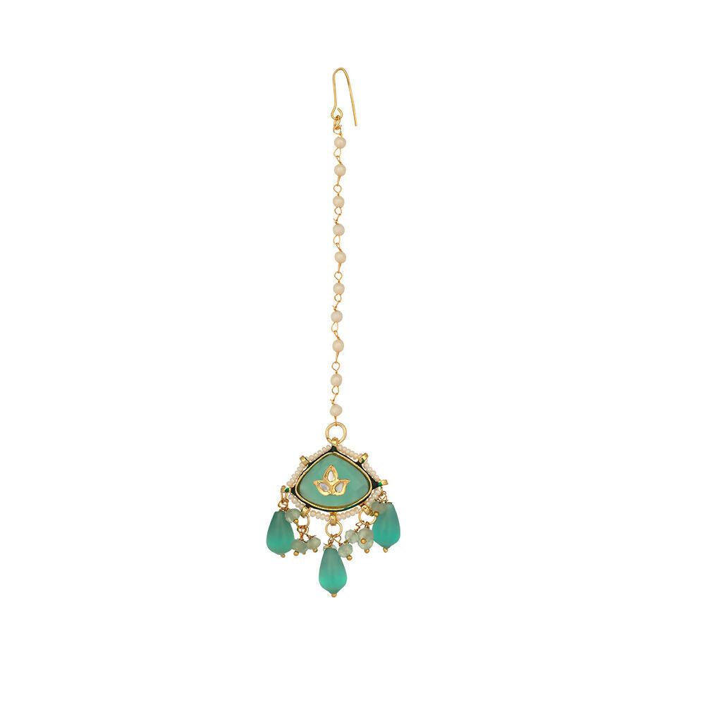 Nuyug 22K Gold Plated Lush Green Maang Tikka & Earrings Set