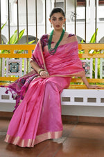 Thumbnail for Vishnu Weaves Women's Pink Raw Silk Patola Zari Woven Saree with Blouse