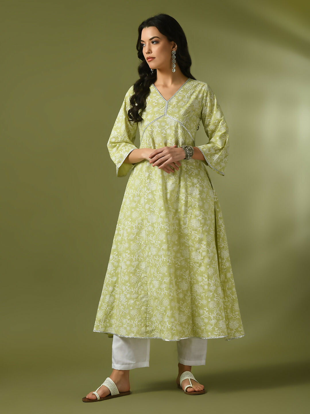 Myshka Women'sLime Green Printed Cotton Anarkali Party Kurta Set - Distacart