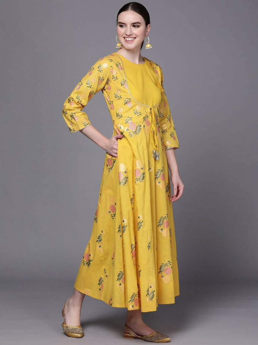 Ahalyaa Women Yellow Floral Fit & Flare Maxi Ethnic Dress - Distacart