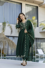 Thumbnail for The52 Women's Beautiful Embroidery Work Vichitra Silk Fabric Flared Anarkali Pant and Dupatta Set - Distacart