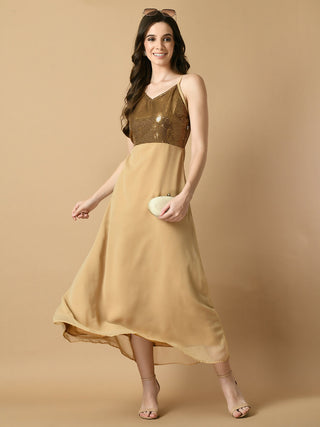 Myshka Women's Beige Solid Georgette Party Dress - Distacart