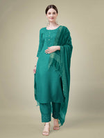 Thumbnail for Jyoti Fashion Women's Teal Cotton Blend Embroidery & Sequence work Kurta with Trouser & Dupatta - Distacart