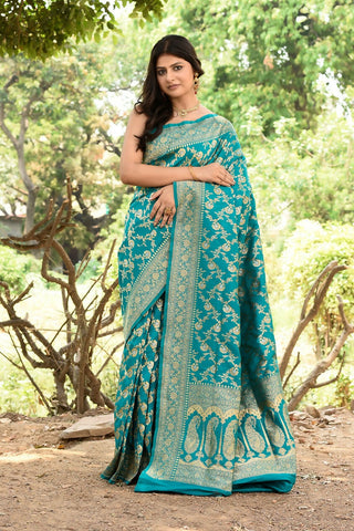 Joban Fashion Green Banarasi Soft Pure Handloom Banarasi Silk Saree