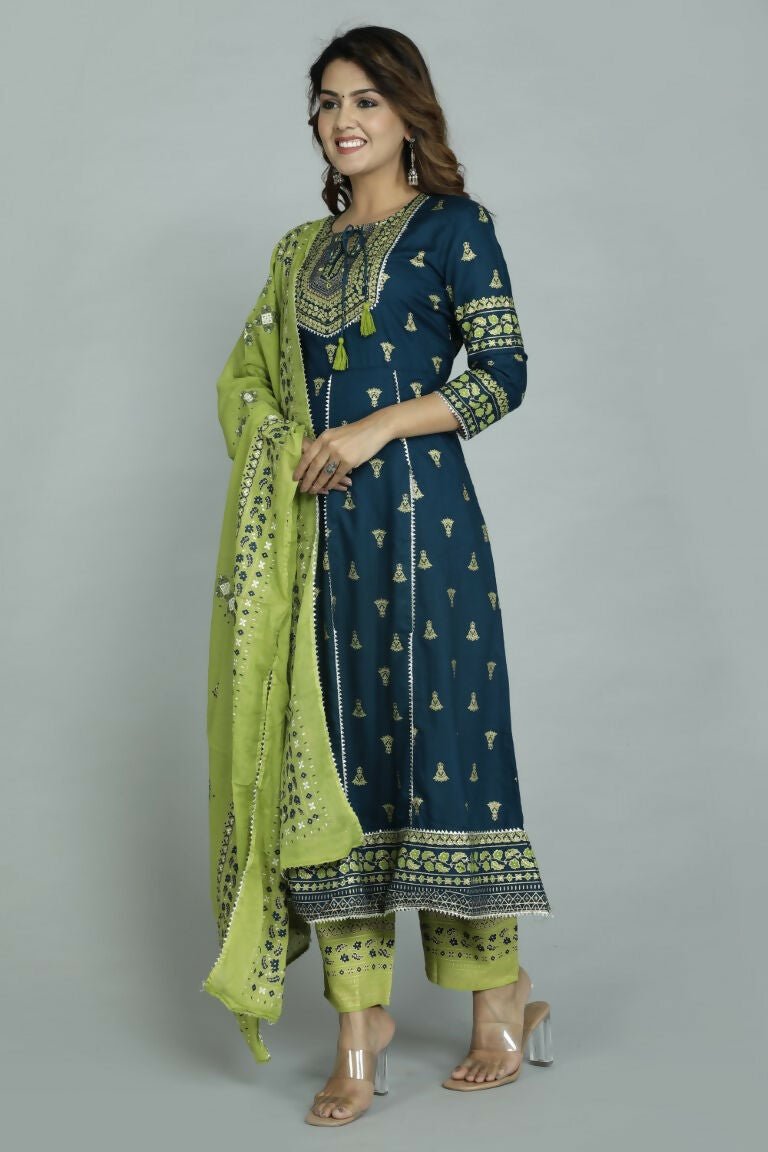 Alvano Women's Stylish Anarkali Kurti with Pant and Dupatta for Women and Girls (Teal) - Distacart