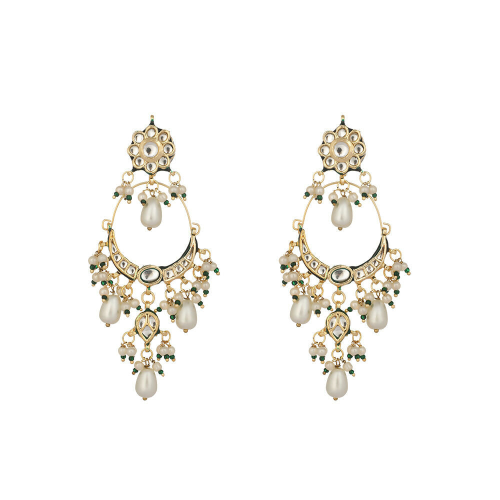 Nuyug 22K Gold Plated Crescent Kundan Drop Pearl Chandbali Earrings