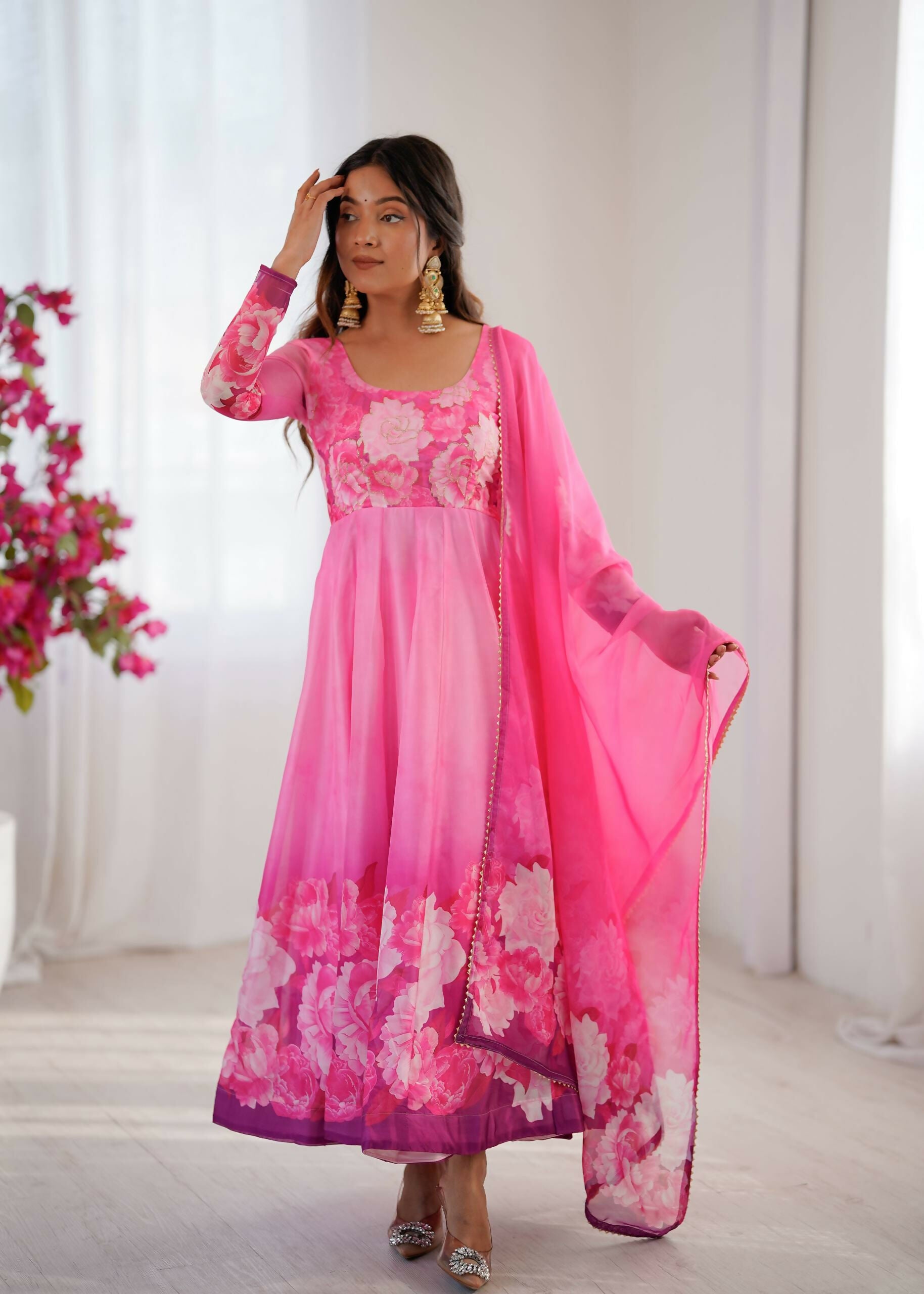 Teeya Creation Womens New Organza Soft Taby Silk Heavy Quality Fabric With Digital Print Pink Gown Set - Dista