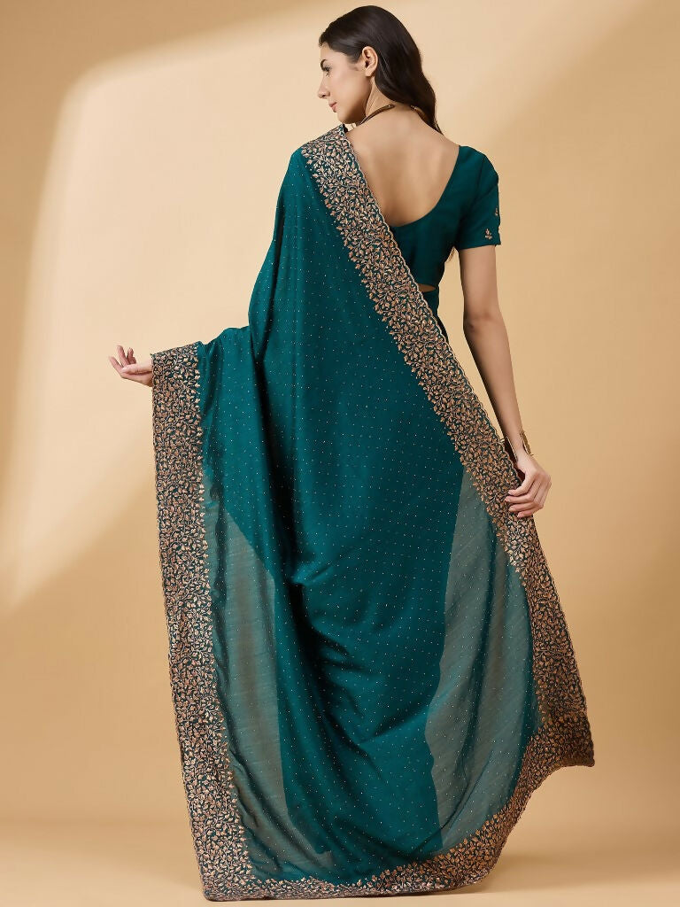 Teal Silk Blend Embroidered Saree with Unstitched Blouse - Vairagi - Distacart