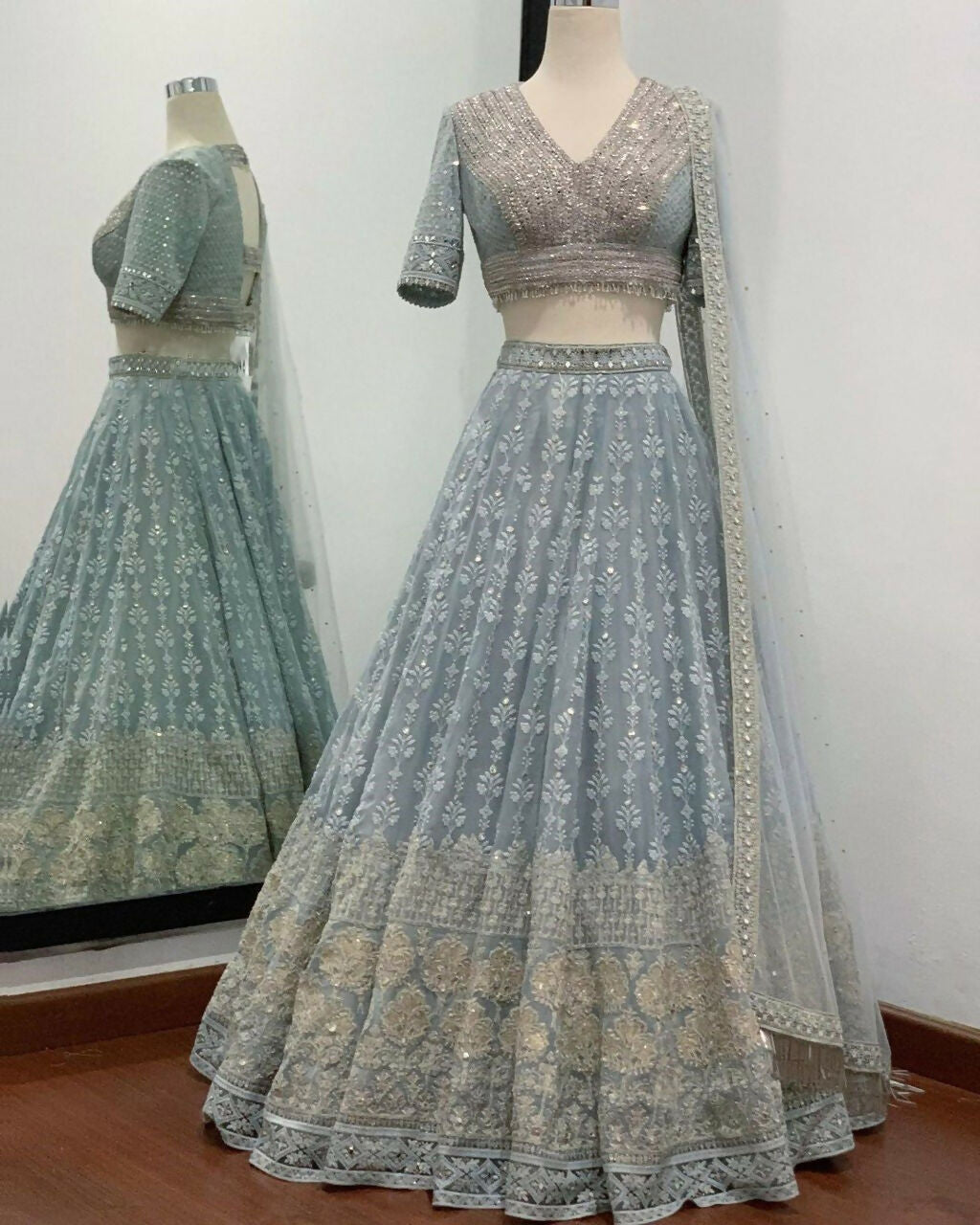 Jyoti Fashion Mesmerizing Grey Faux Georgette 3MM Sequins with Thread & Jari Embroidery Lehenga Choli with Dupatta - Distacart