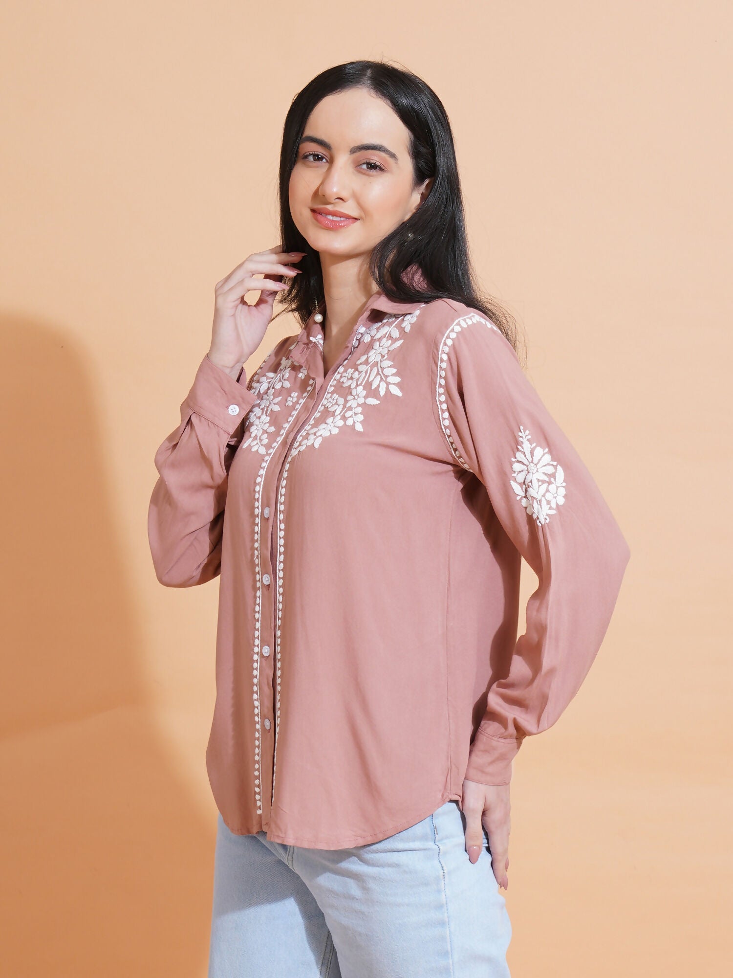 Pahnaz Modal Chikankari Handwork Shirt-Brown - Dista