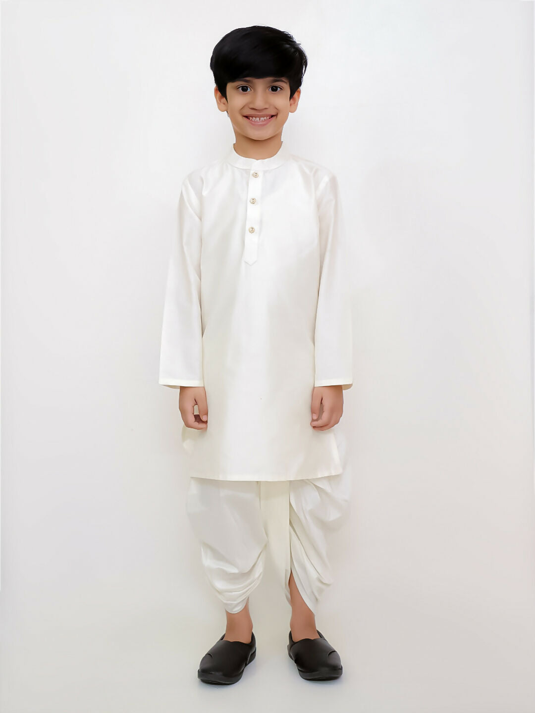 Lil Drama Genda Phool White Kurta and Dhoti with Mustard Jacket Set for Boys