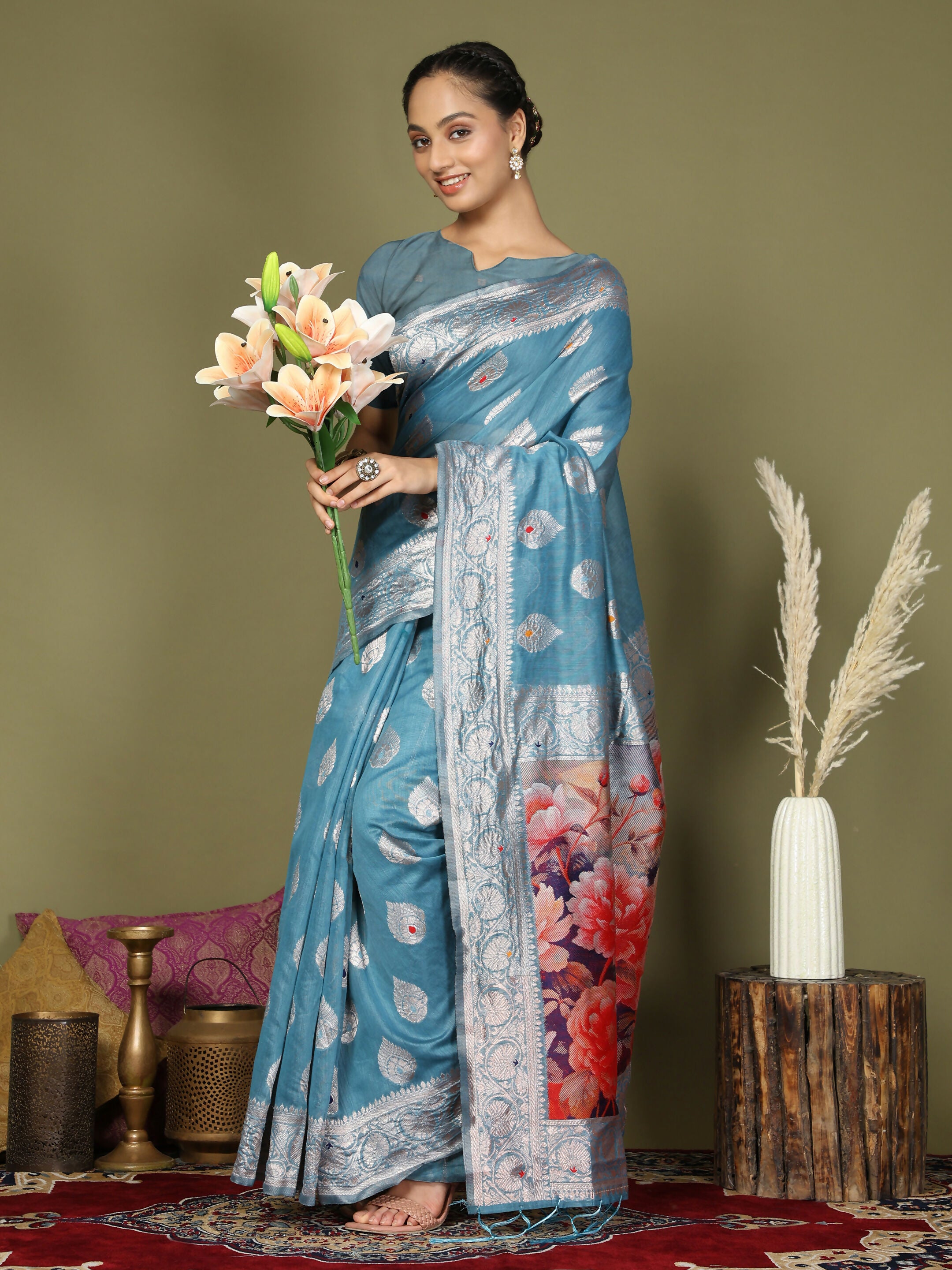 Astita Linen Cotton Sky Blue Saree