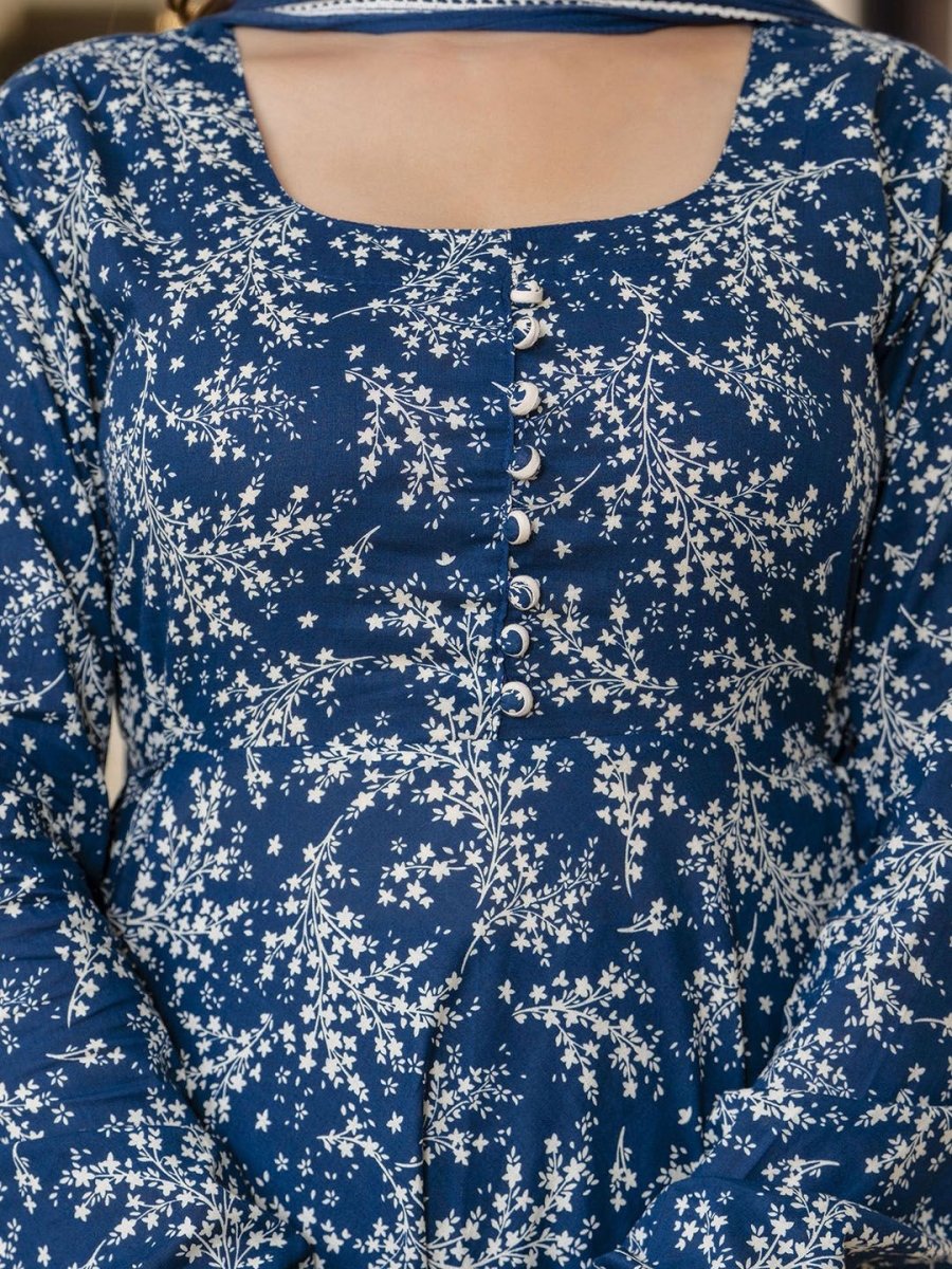 Anouk Blue Floral Printed Empire Pure Cotton Anarkali Kurta With Pyjama & Dupatta - Distacart