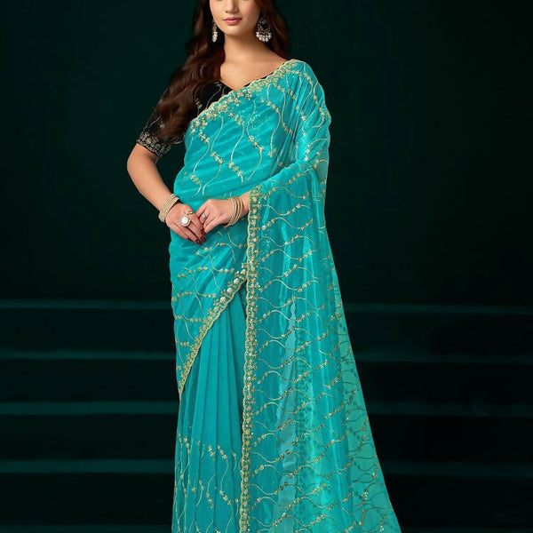Joban Fashion Turquoise Net Party Wear Sarees - Distacart