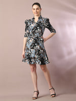 Thumbnail for Myshka Women's Black Printed Shirt Collar Fit and Flare Party Dress - Distacart