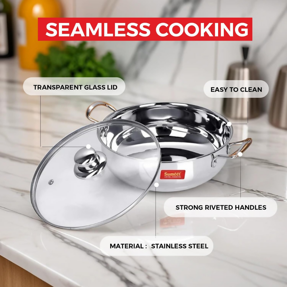 Sumeet Stainless Steel Induction Bottom Kadhai with Glass Lid - Dista