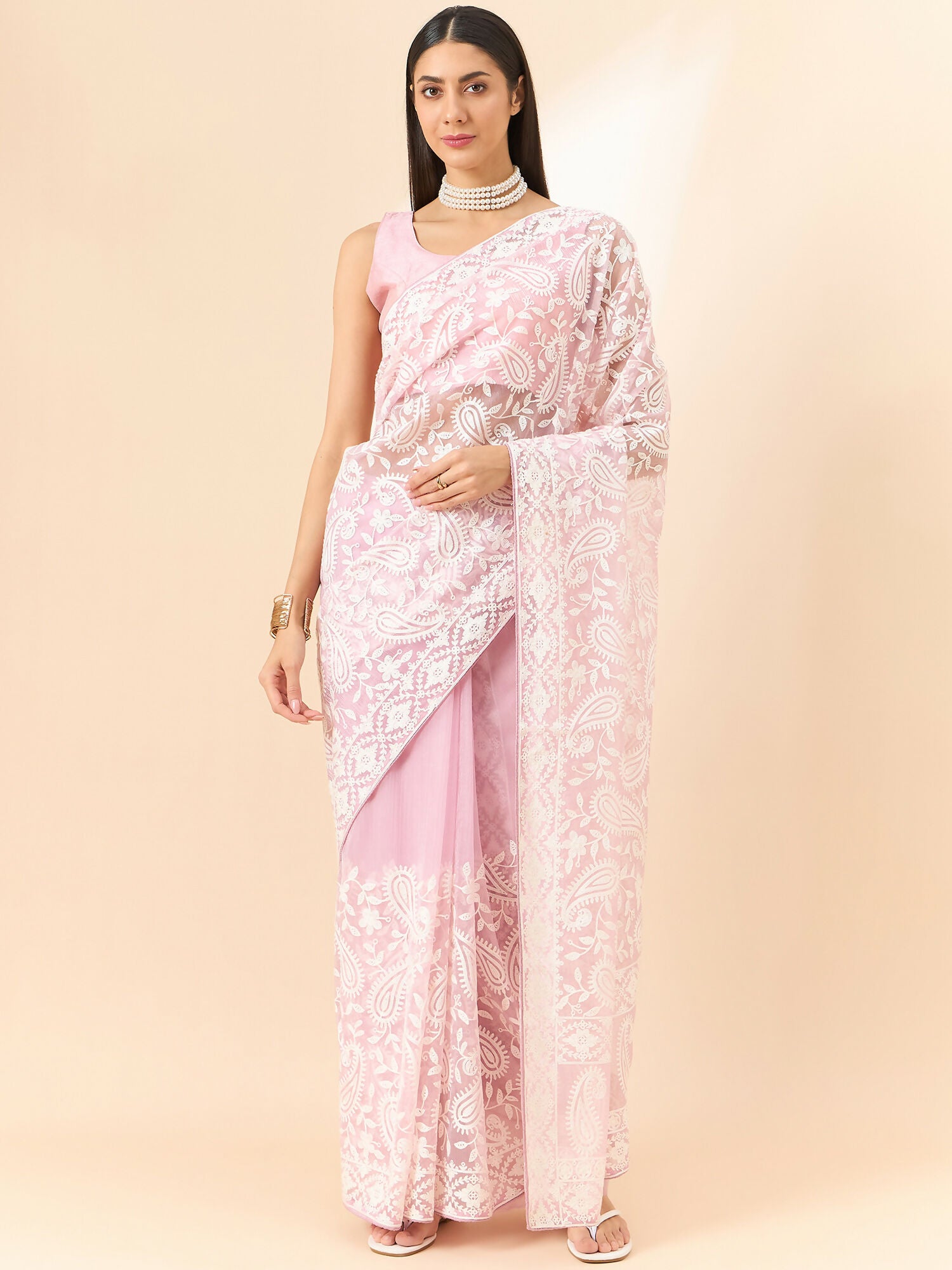 Purple Organza Paisely Embroidered Saree with Unstitched Blouse Piece - Roozal - Distacart