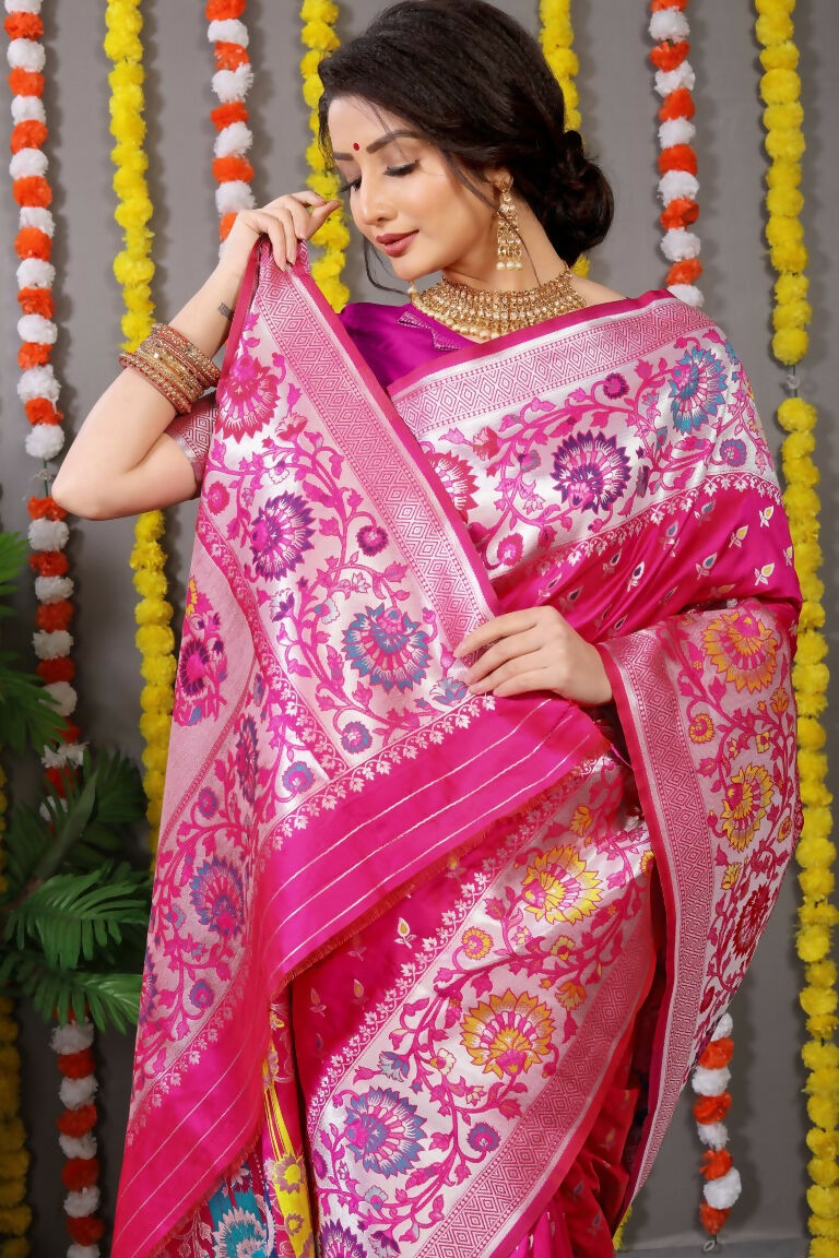 Jyoti Fashion Women's Rani Pink Banarasi Silk Zari Woven Saree with Blouse - Distacart