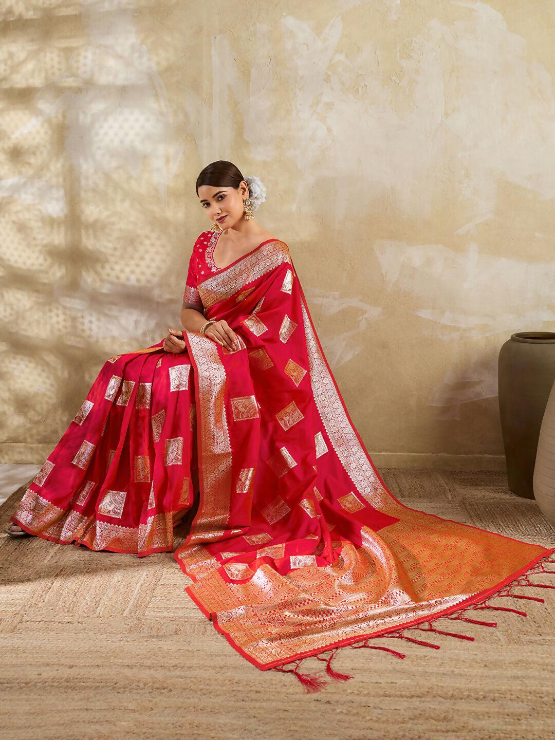 Shree Shyam Fashion Red Silk Blend Saree - Distacart