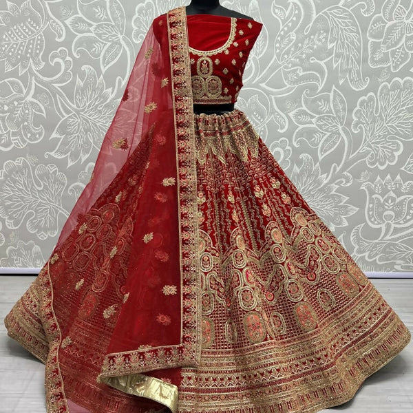 Jyoti Fashion Women's Red Velvet Multi Thread Embroidered with Zircon Diamond Wedding Lehenga Choli - Distacart