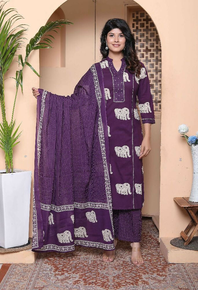 Miravan Womens Purple Cotton Animal Print Kurta With Palazzo And Dupatta