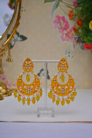 Yellow Gold-Polished Brass & Pearl Dangle Women Earrings| Hand Painted Meenakari Chandbali Traditional Ethnic Wear Earrings By House of Ree - Distacart
