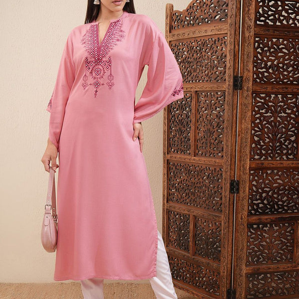 Vishudh Floral Embroidered Mandarin Collar Bell Sleeves Mirror Work Straight Kurta - Distacart