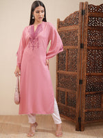 Thumbnail for Vishudh Floral Embroidered Mandarin Collar Bell Sleeves Mirror Work Straight Kurta