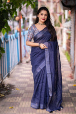 Thumbnail for Blue Linen Sequence Saree with Unstitched Blouse - Hiral Fashion - Distacart