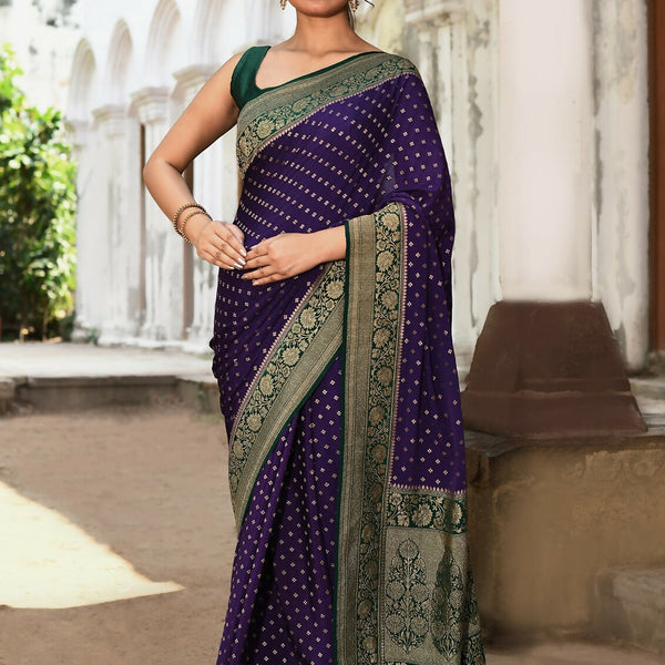 Joban Fashion Purple Crepe Chiffon Pure Handloom Banarasi Silk Saree