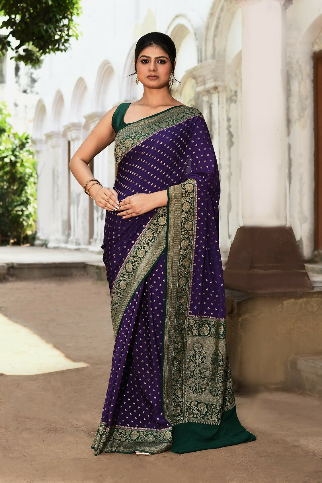 Joban Fashion Purple Crepe Chiffon Pure Handloom Banarasi Silk Saree - Dista