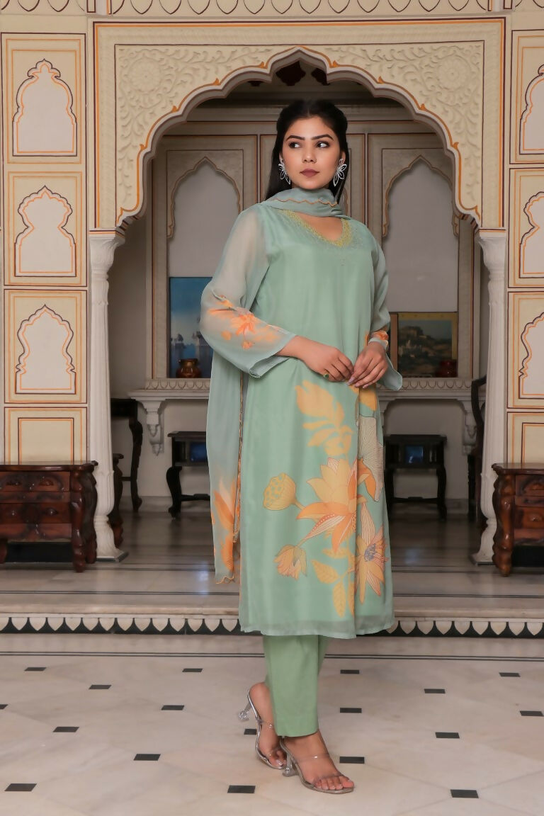 Vaasva Women Teal Green Tabby Slik Print & Embroidered Kurta, Pant & Dupatta set - Distacart