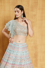 Thumbnail for Jyoti Fashion Light Turquoise Thread, Zari and Paper Mirror Embroidered Organza One Shoulder Bridal Lehenga Choli - Distacart
