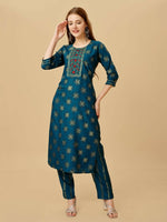 Thumbnail for Jyoti Fashion Women's Navy Blue Viscose Rayon Embroidered Kurta Pant Set - Distacart