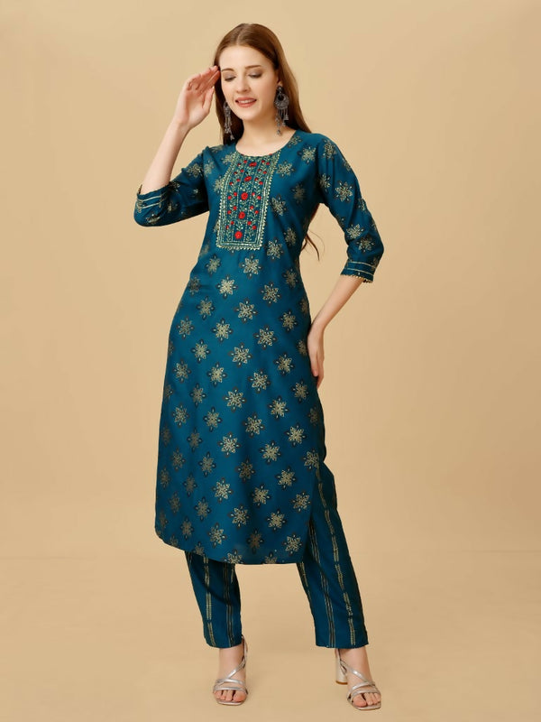Jyoti Fashion Women's Navy Blue Viscose Rayon Embroidered Kurta Pant Set - Distacart