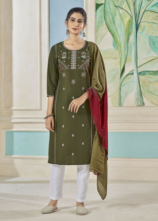 Jyoti Fashion Women's Mehendi Pure Viscose Weaving Stripe with Embroidery Kurta Set - Distacart