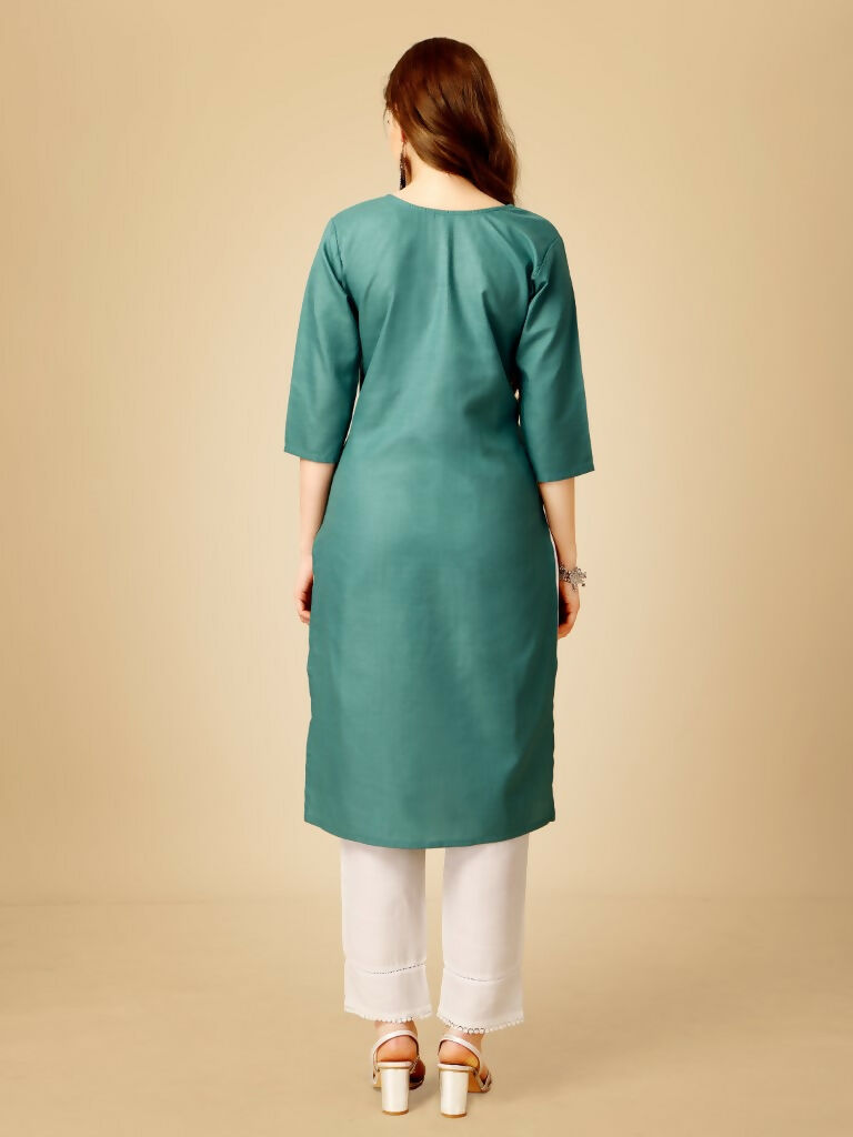 Jyoti Fashion Women's Teal Cotton Blend Embroidered Kurta Pant Set - Distacart