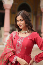 Thumbnail for Preksha Creation Indian Festival Special Women Chinon And Sequins Embroidered Work Gown With Dupatta - Red - Distacart