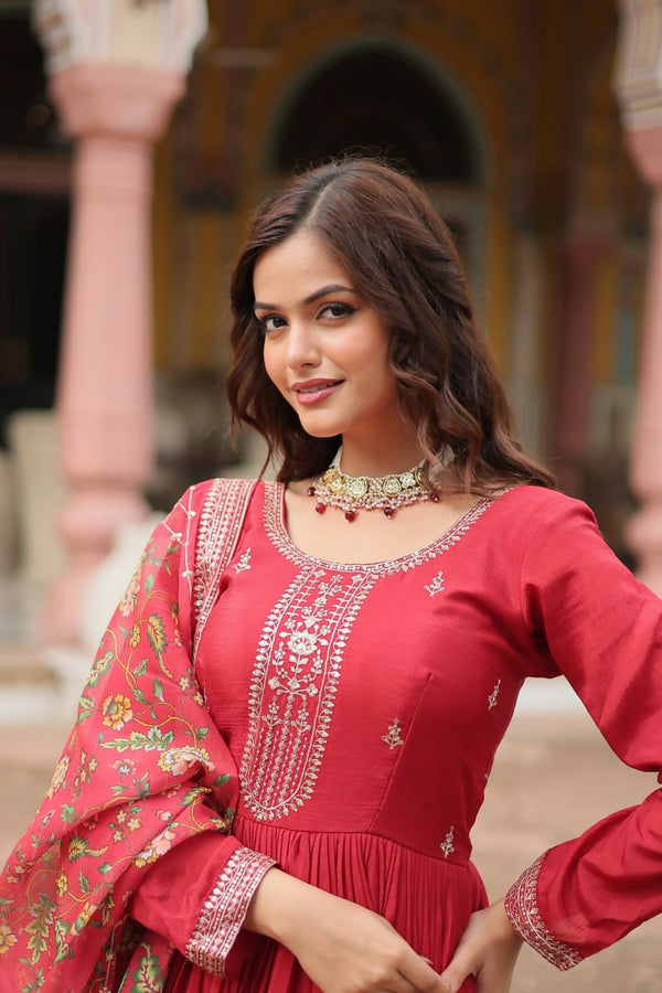 Preksha Creation Indian Festival Special Women Chinon And Sequins Embroidered Work Gown With Dupatta - Red - Distacart