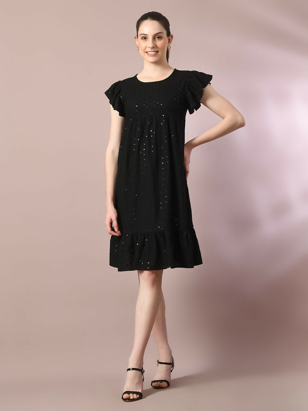 Myshka Women's Black Embroidered Cotton Round Neck A-Line Party Dress - Distacart