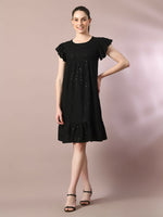 Thumbnail for Myshka Women's Black Embroidered Cotton Round Neck A-Line Party Dress - Distacart